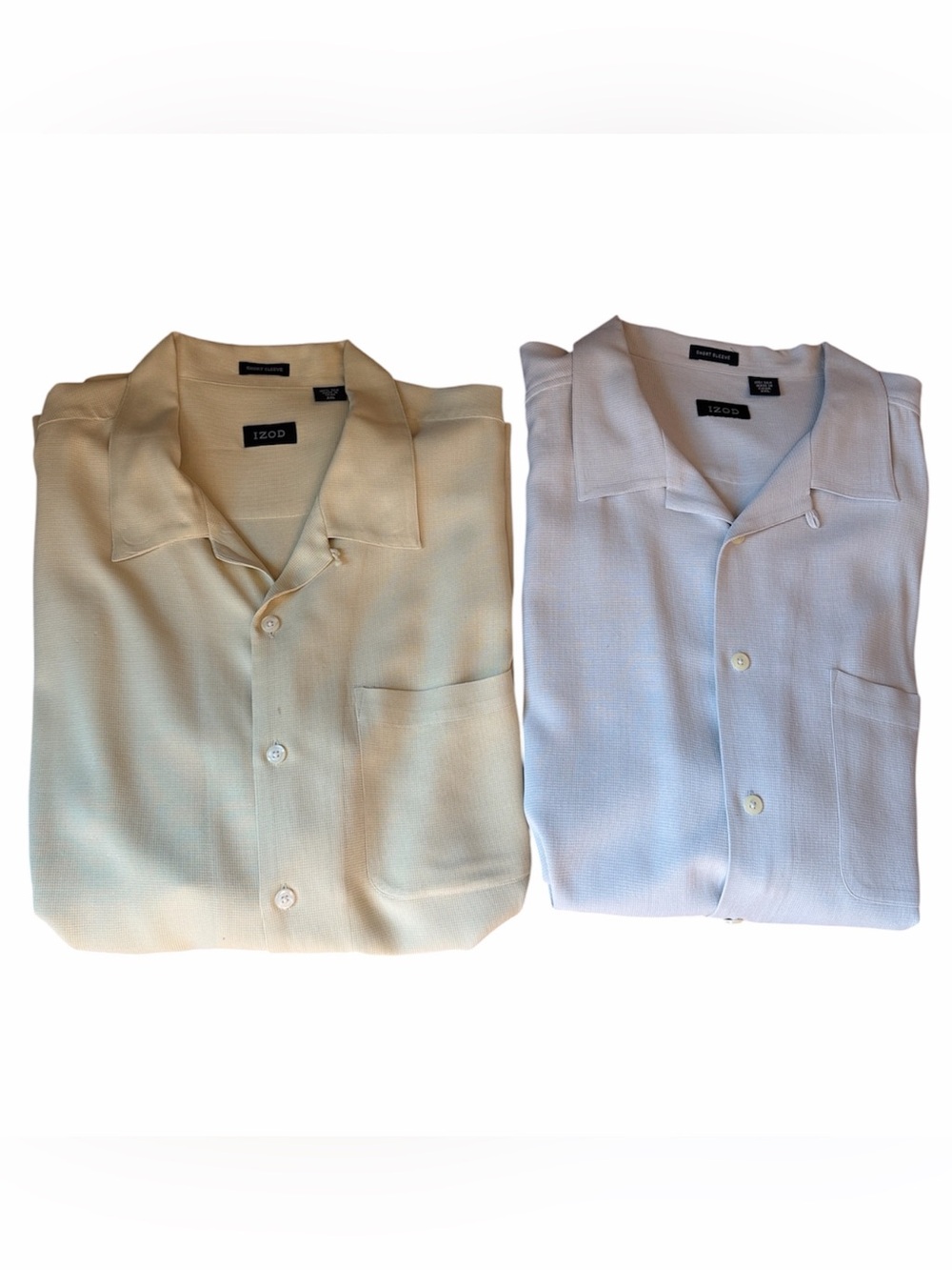IZOD Lot of 2 100% Silk Short-Sleeve Camp Collar Shirts Pale Yellow and Tan XXL